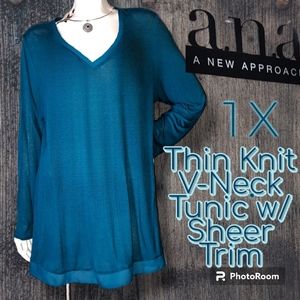A.N.A. Lightweight Flowing SOFT KNIT Turquoise Tunic Sheer Trim OVERSIZED Sz XL